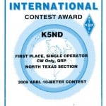 2009 ARRL 10-Meter Contest Certificate