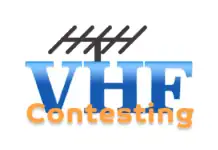 Logo for VHF Contesting: bold blue 'VHF' with orange 'Contesting' overlaid, plus a black antenna graphic above