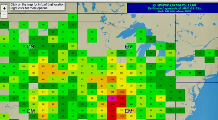 Sporadic E June 10-11 2026 — 6 and 2 meters Map of the United States showing a grid of colored squares with numbers indicating predicted MUF (maximum usable frequency) for sporadic-E; colors range green to red; DXMAPS.com watermark present.
