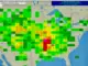 Sporadic E June 10-11 2026 — 6 and 2 meters Map of the United States showing a grid of colored squares with numbers indicating predicted MUF (maximum usable frequency) for sporadic-E; colors range green to red; DXMAPS.com watermark present.