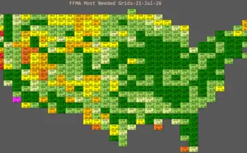 Color-coded mosaic map of the U.S. showing 'Most Needed Grids' as of 21-Jul-26; tiles color by demand (green = low, red/orange = high).