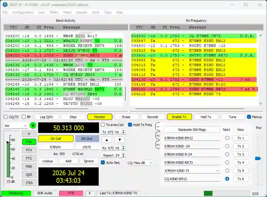 WSJT Screen of FFMA Mile Marker 487